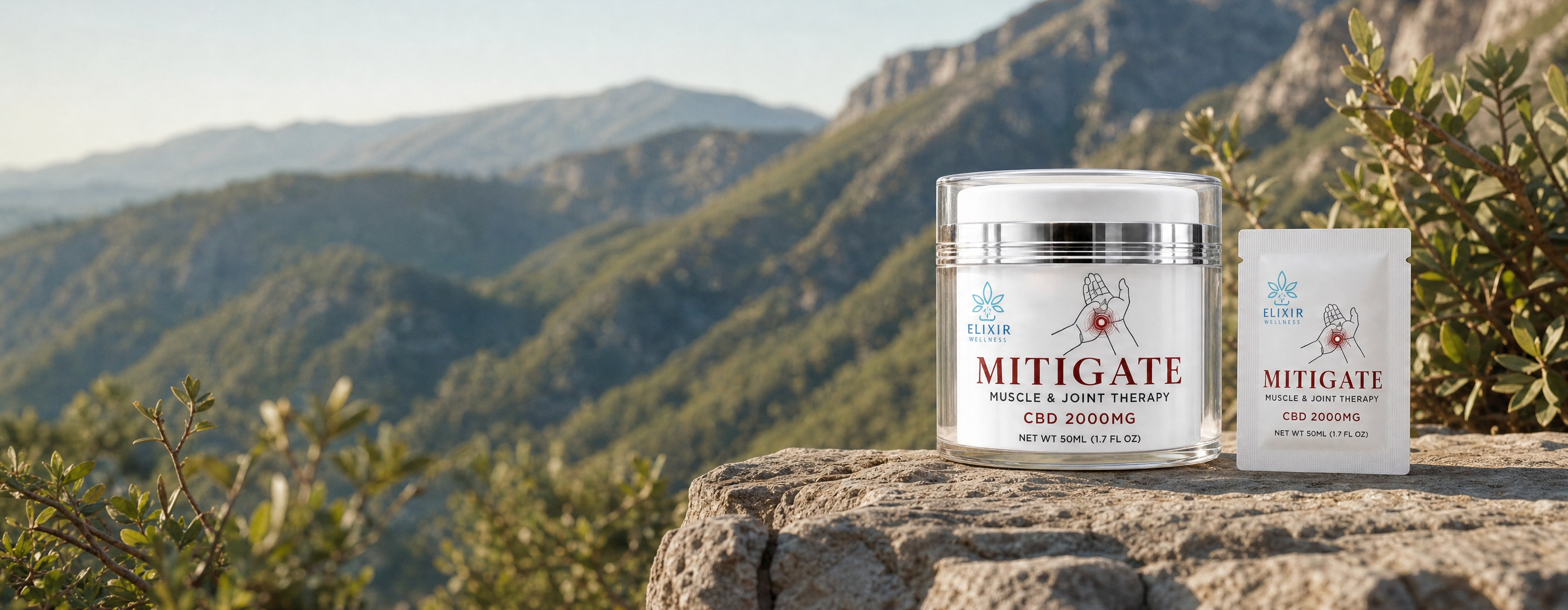 Mitigate jar and Mini Deluxe sachet on a mountain overlook