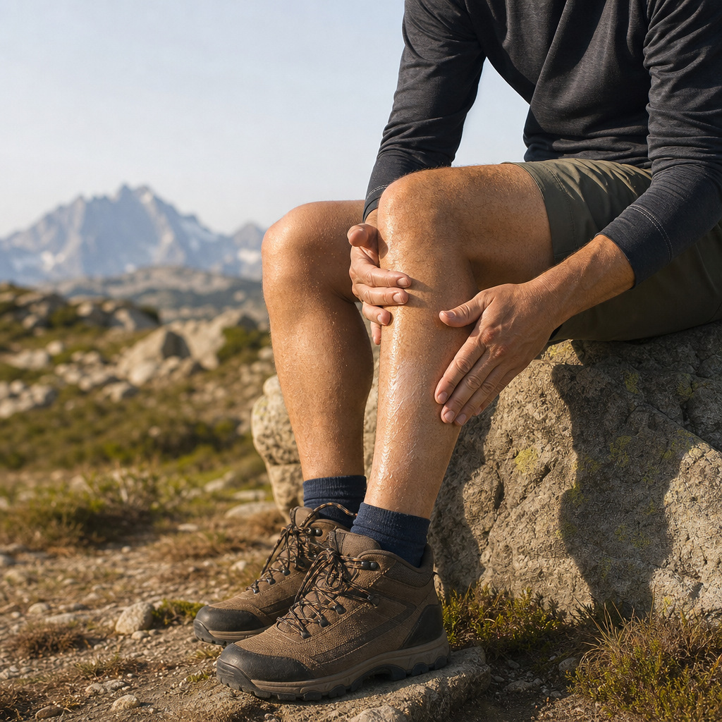 Applying body cream after a hike